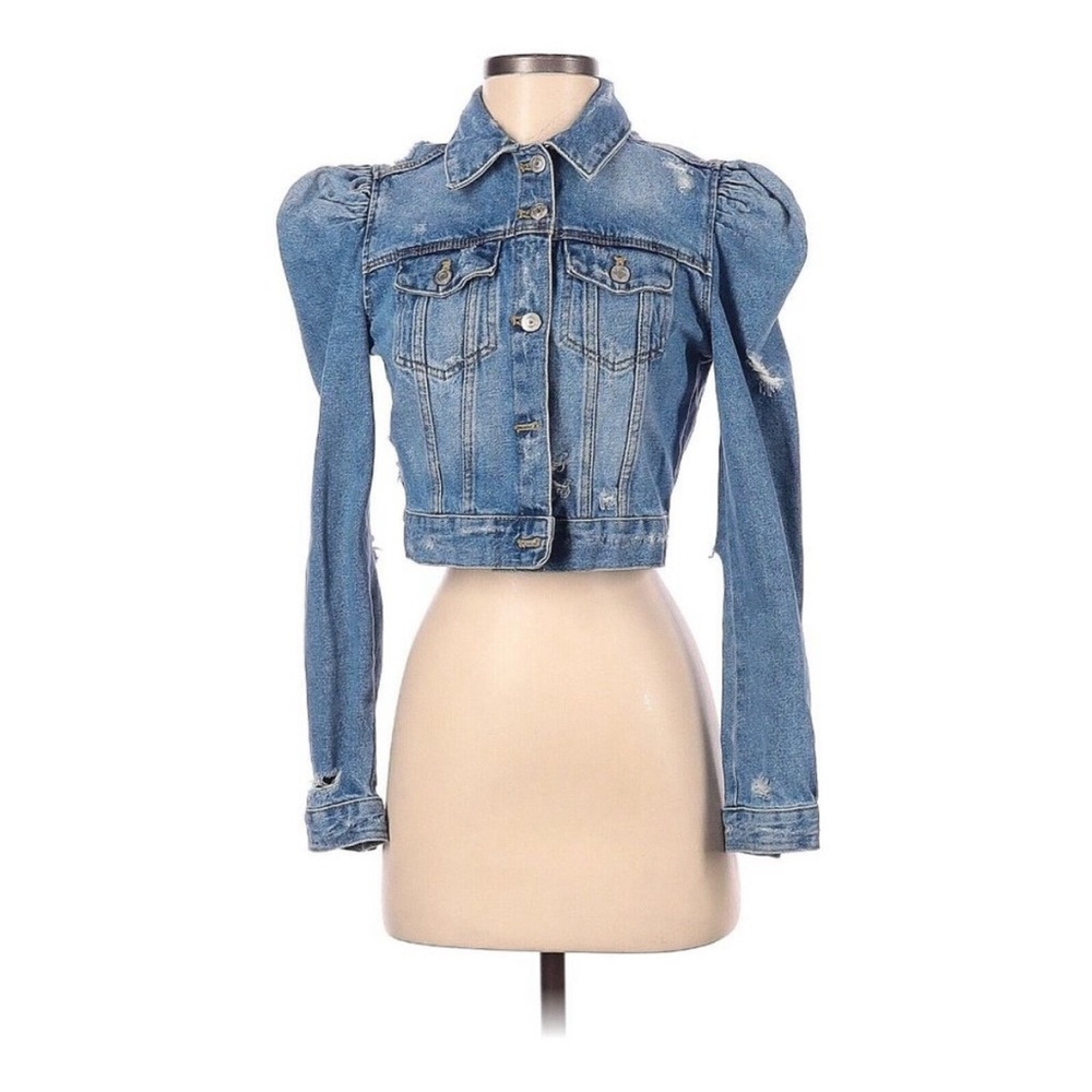 COPY - ZARA Denim Jeans Short Cropped Jacket Puff Sleeves Shoulders Alexis Rose…